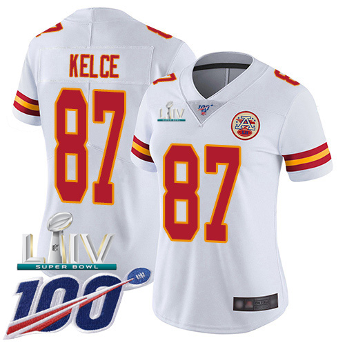 Kansas City Chiefs Nike #87 Travis Kelce White Super Bowl LIV 2020 Women Stitched NFL 100th Season Vapor Untouchable Limited Jersey